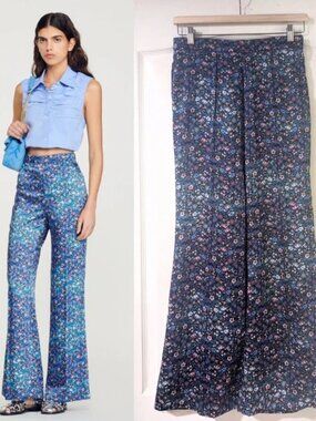 Sandro | Donelo Satin Floral Print Flare Pants In Purple/Blue